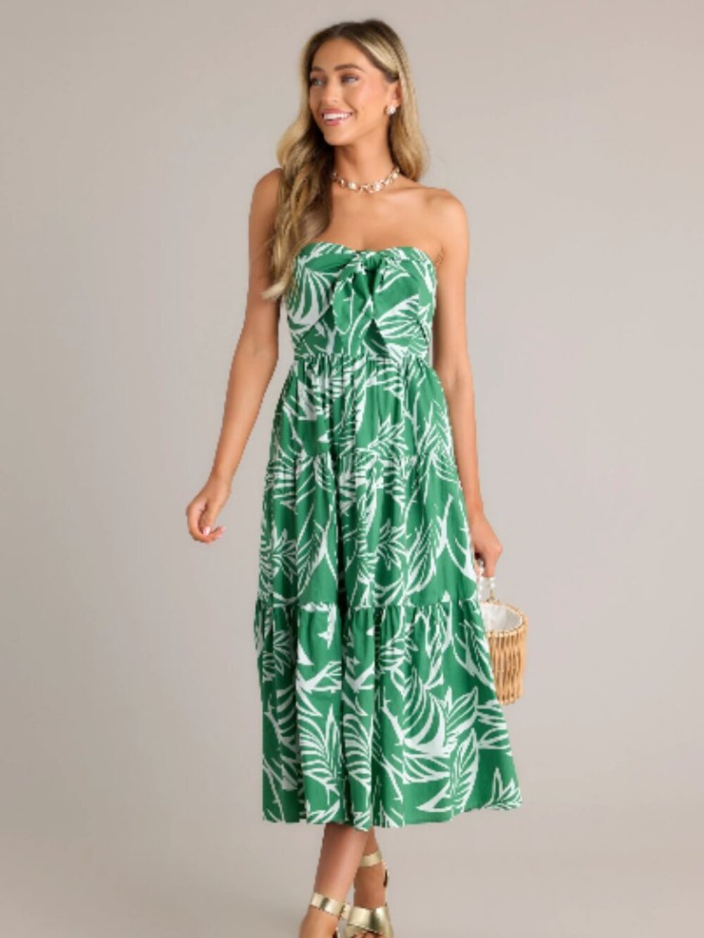 KLD Kelly Green Tropical Floral Cotton Smocked Strapless Midi Dress size M